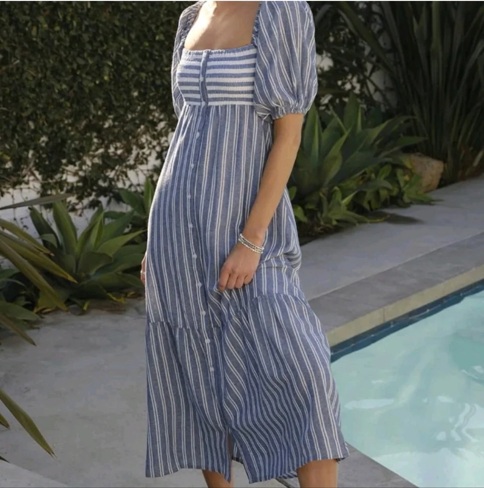 Emerson Fry Blue & White Striped Square-Neck Midi Dress - Picture 1 of 9